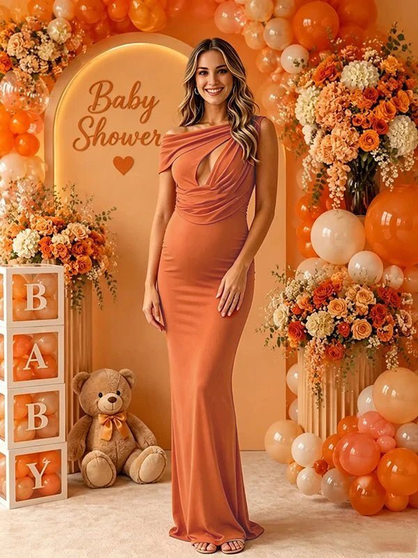 Momyknows Chic Cut Out Ruched Irregular Collar Bodycon Baby Shower Maternity Maxi Dress - Orange - 5