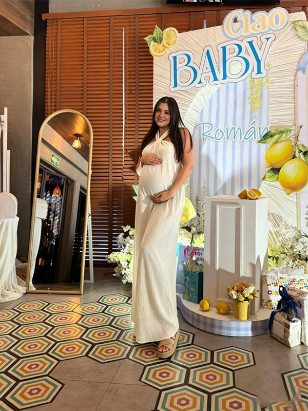 Momyknows Beige Sleeveless Halter Neck Backless A-Line Maternity Babyshower Midi Dress