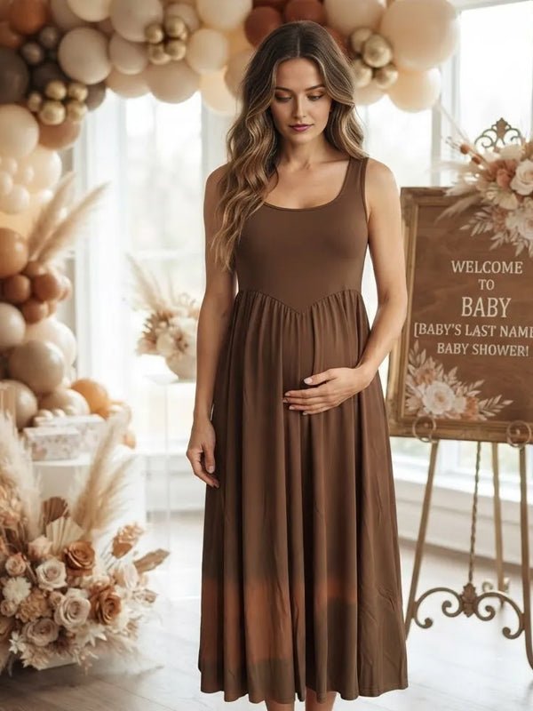 Momyknows Spaghetti Strap Ruched Backless Maternity Baby Shower Midi Dress - Coffee - 7