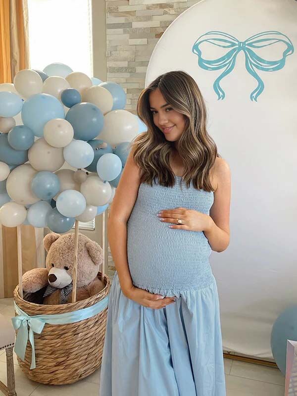 blue smocked maternity dress Pinkblush Light Blue Smocked Mesh Maternity Midi Dress Medium