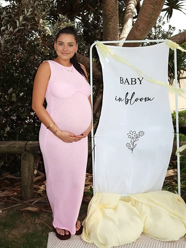 Momyknows Pink Bowknot Crochet Sheer Maternity Baby Shower Maxi Dress