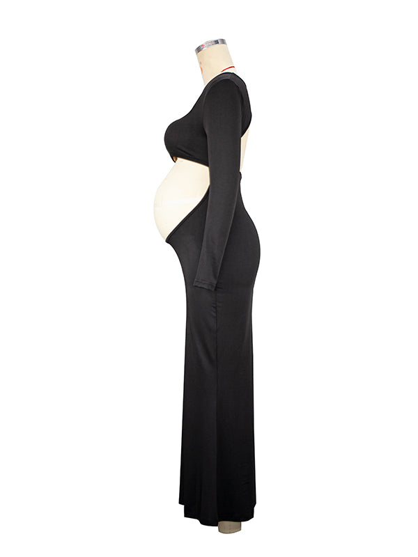 Momyknows Cut Out Bandeau Trumpet Crop Long Sleeve Bodycon Photoshoot Maternity Maxi Dress Black / L Momyknows Cut Out Bandeau Trumpet Crop Long Sleeve Bodycon Photoshoot Maternity Maxi Dress Black / L