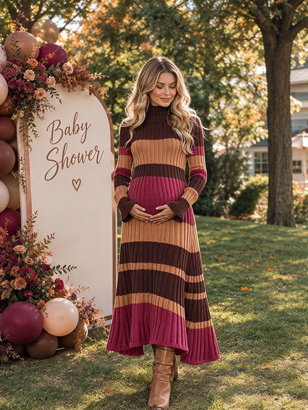Red Striped Crochet Maternity Maxi Dress with Big Swing Fit and Textured Pattern