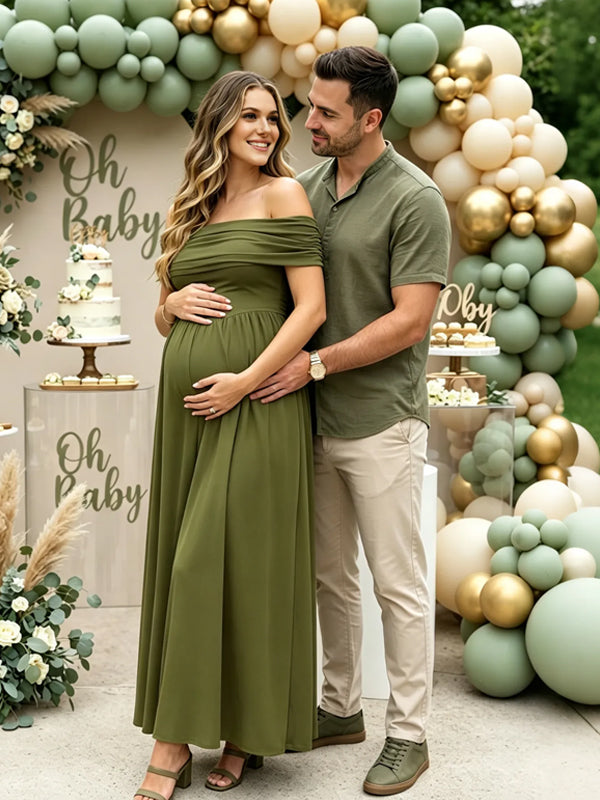 Green Polyester Maternity Dress with Off-the-Shoulder and High-Waisted Design