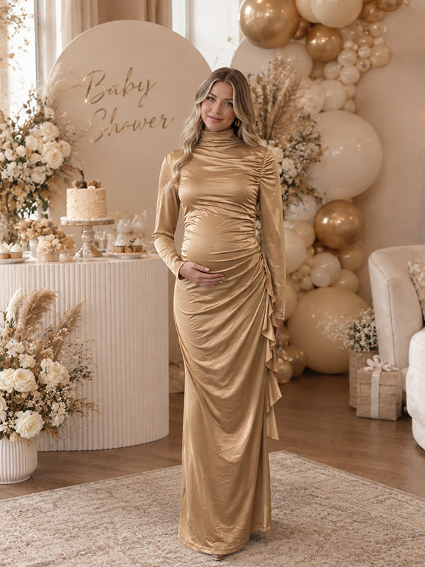 Khaki Maternity Maxi Dress with Elegant Ruffle Draping and Ruched Flattering Silhouette