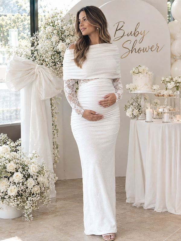 White Ruched Maternity Maxi Dress with Oblique Shoulder and Lace Detail and Elegant Fit, Baby Shower Occasion