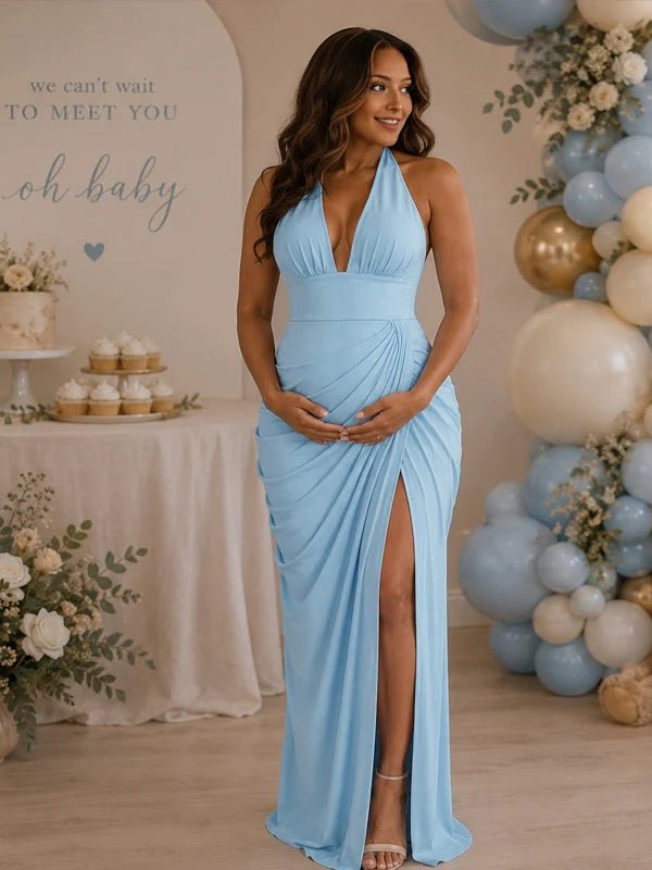Momyknows Halter Neck Lace Up Backless Side Slit Ruched Maternity Baby Shower Maxi Dress - Blue - 4