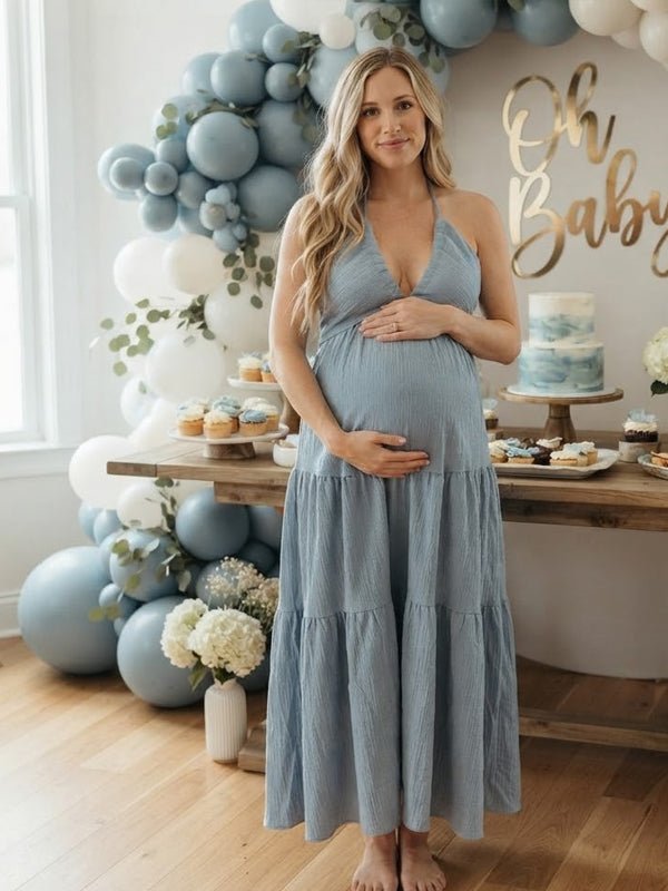 Momyknows Grayish Blue Halter Neck Spaghetti Strap Ruched Maternity Baby Shower Maxi Dress - Grayish Blue - 1