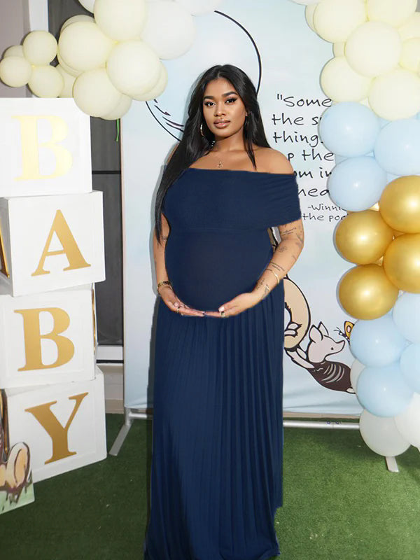Momyknows Solid Color Ruched Pleated Off Shoulder Big Swing Elegant Cocktail Party Maternity Photoshoot Baby Shower Maxi Dress Light Blue / S Momyknows Solid Color Ruched Pleated Off Shoulder Big Swing Elegant Cocktail Party Maternity Photoshoot Baby Shower Maxi Dress Light Blue / S