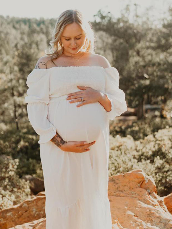 Momyknows White Ruffle Ruched High Waist Puff Sleeve Cute Photoshoot Maternity Maxi Dress White / S Momyknows White Ruffle Ruched High Waist Puff Sleeve Cute Photoshoot Maternity Maxi Dress White / S