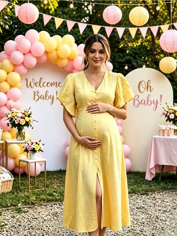 Momyknows Single Breasted Side Slit Solid Color Maternity Baby Shower Midi Dress - Yellow - 1