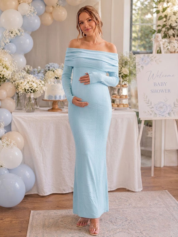 Momyknows Elegant Blue Bodycon Off Shoulder Ruched Baby Shower Maternity Maxi Dress