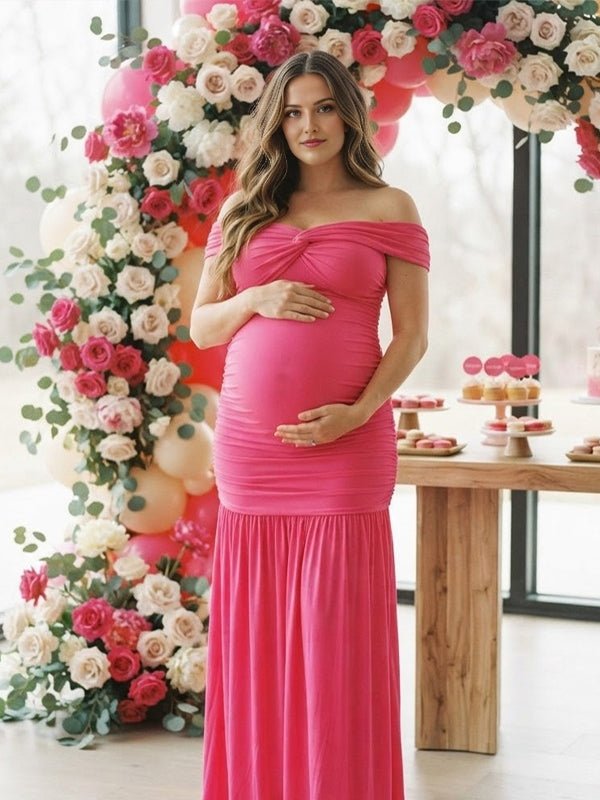 Momyknows Rose Carmine Off Shoulder Ruched Spliced Backless Maternity Baby Shower Maxi Dress - Rose Carmine - 1