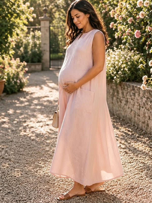 Momyknows Pink Plus Size A-Line Comfy Maternity Photoshoot Maxi Dress - Pink - 3