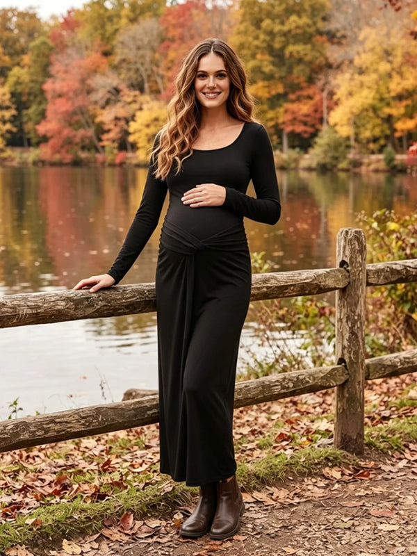 Black High-Waisted Maternity Maxi Dress with Ruffle Details and Knot Design