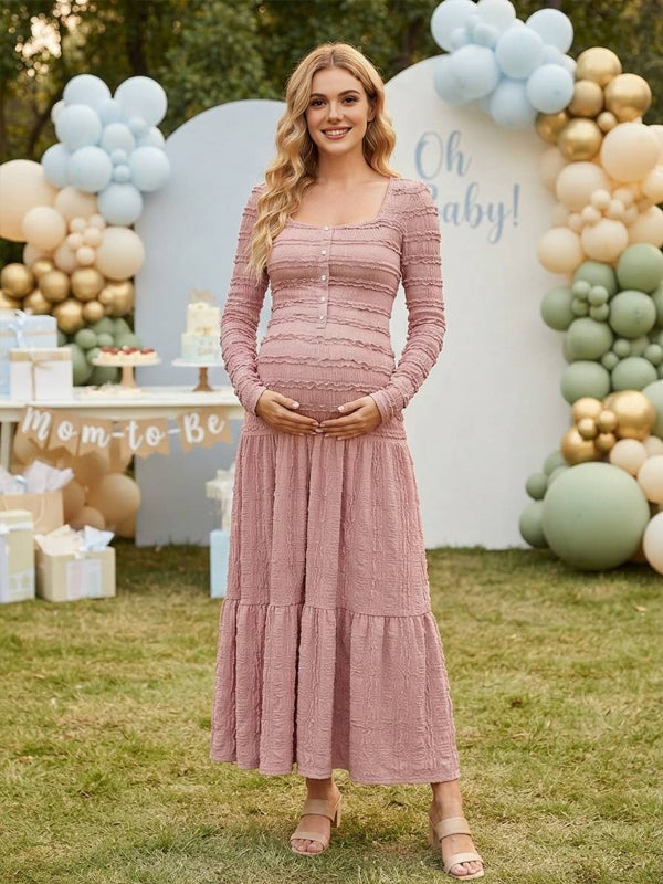 Momyknows Square Neck Long Sleeve Falbala Pleated Photoshoot Maternity Maxi Dress