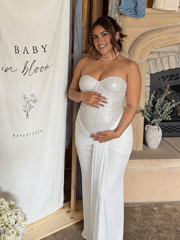 Momyknows Sequin Wedding Bodycon Bandeau Ruched Knot Draped Party Maternity Baby Shower Maxi Dress