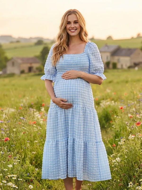 Blue Plaid Maternity Dress with Puff Sleeves and Ruffle Details and Adjustable Fit, Photoshoot