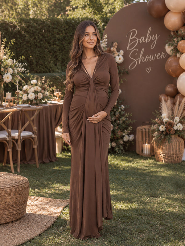 Tan Halter Neck Ribbon Baby Shower Maternity Maxi Dress