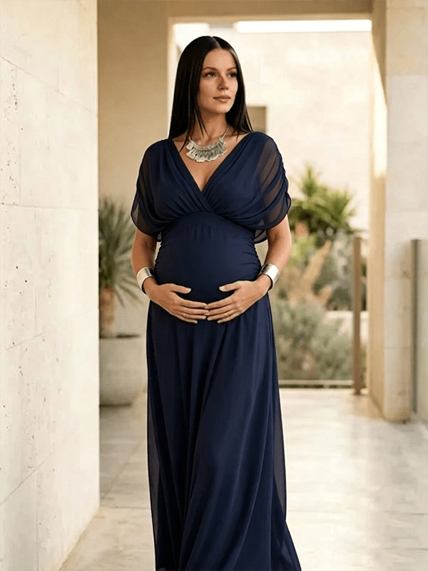 Momyknows Chic Grenadine Ruched Off Shoulder Flowy Baby Shower Maternity Maxi Dress, Olive / XL