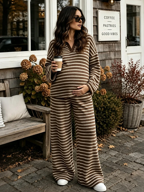 Brown Striped Maternity Two-Piece Set with Lapel Design and Relaxed Fit, Photoshoot
