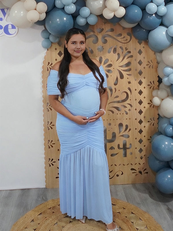 Momyknows Off Shoulder Draped Hem Ruched Backless Maternity Baby Shower Maxi Dress