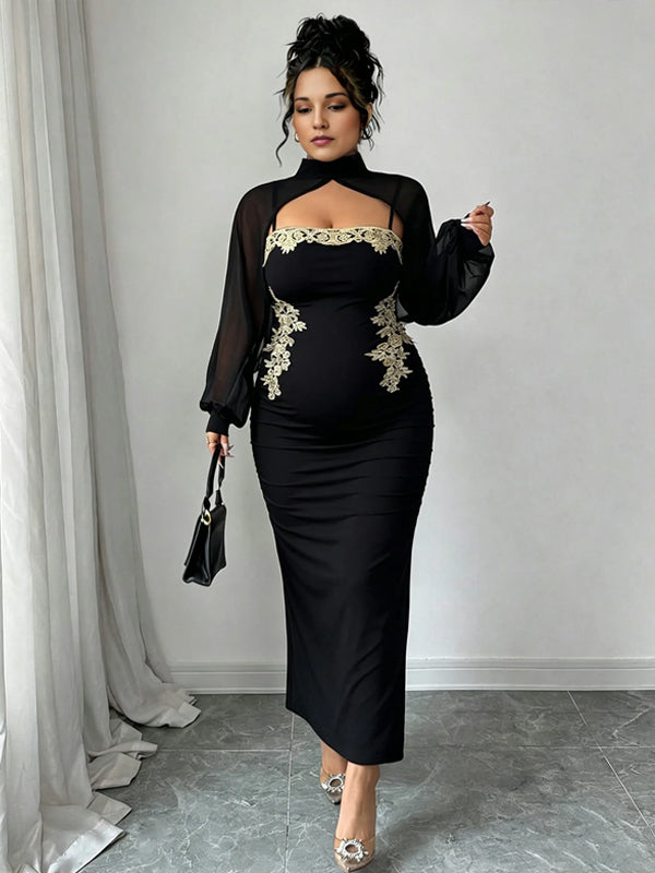 Black Embroidered Tulle Plus Size Maternity Dress with Bodycon Silhouette