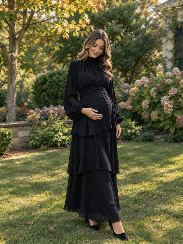 Black Ruffle Maternity Maxi Dress with Band Collar and Asymmetric Hem and Elegant Fit, Photoshoot Occasion