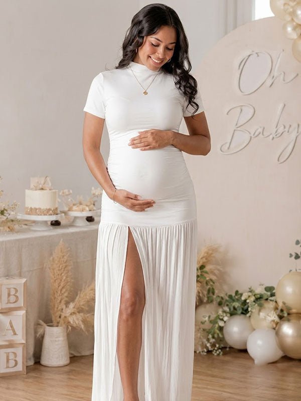 Momyknows Chic White Bodycon Side Slit Ruched Baby Shower Maternity Maxi Dress - White - 1