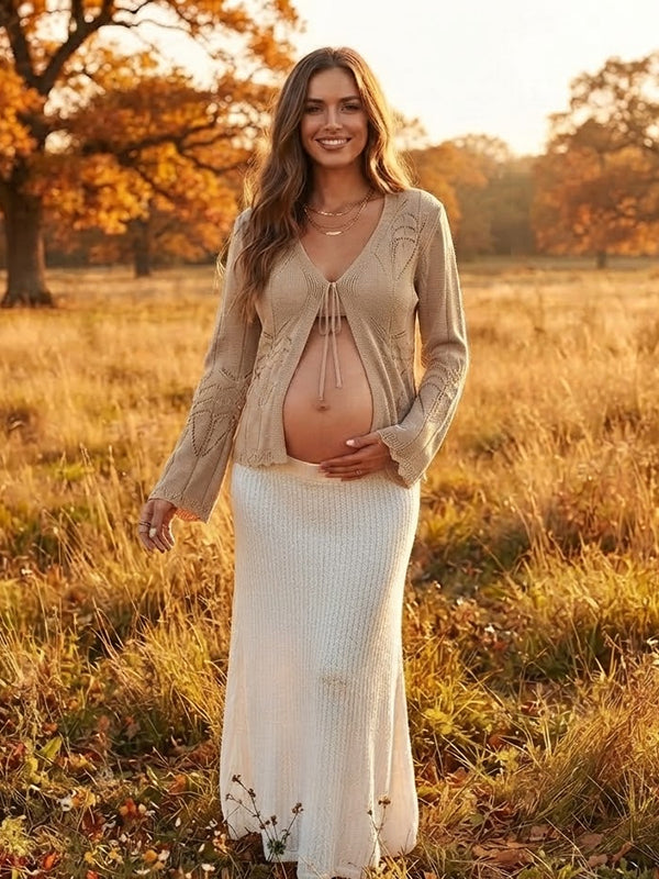 Khaki Lace Up Maternity Top with Crochet Detail and Flare Sleeves and Feminine Fit, Photoshoot Style