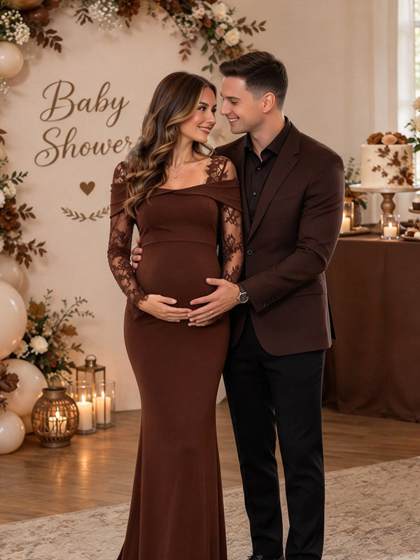 Maroon Maternity Maxi Dress with Lace Splicing and Elegant Silhouette