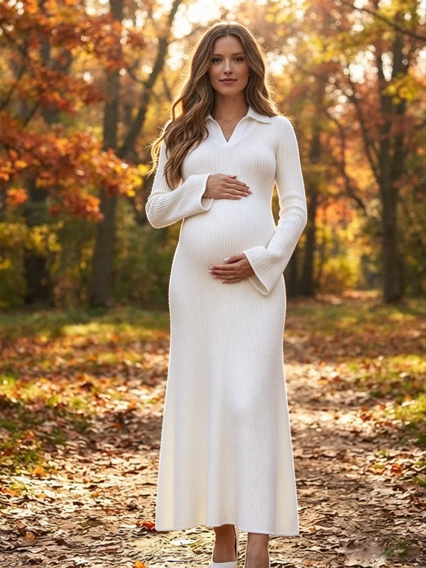 Momyknows Rice White Turndown Collar Crochet Big Swing Maternity Photoshoot Maxi Dress