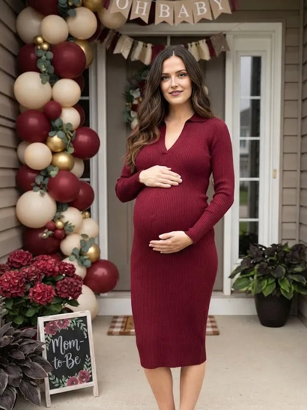 Wine Red Crochet Sweater Maternity Midi Dress with V Neck and Cozy Fit, Baby Shower Occasion