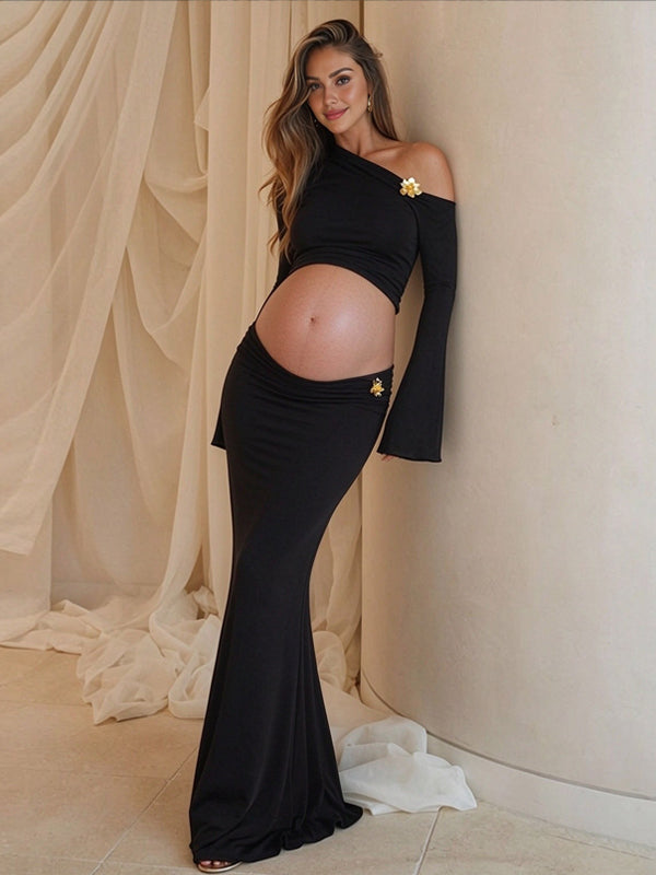 Black One-Shoulder Flared-Sleeve Top with Studded Maternity Maxi Skirt and Elegant Fit, Maternity Photoshoot
