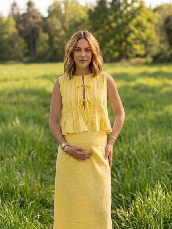 Momyknows Lace Up Ruched Two Piece Maternity Photoshoot Maxi Dress - Yellow - 4