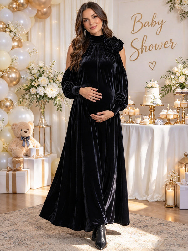 Black Off Shoulder Christmas Maternity Maxi Dress with Dimensional Flower Embellishments and Flowing Silhouette