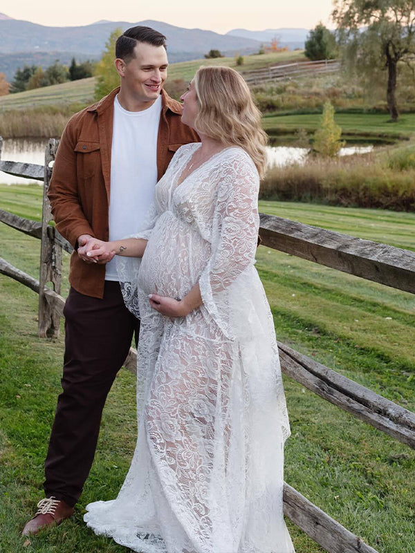 Momyknows Floral Lace Backless Boho Baby Shower Flare Sleeve Pregnant Maternity Photoshoot Maxi Dress White / S Momyknows Floral Lace Backless Boho Baby Shower Flare Sleeve Pregnant Maternity Photoshoot Maxi Dress White / S