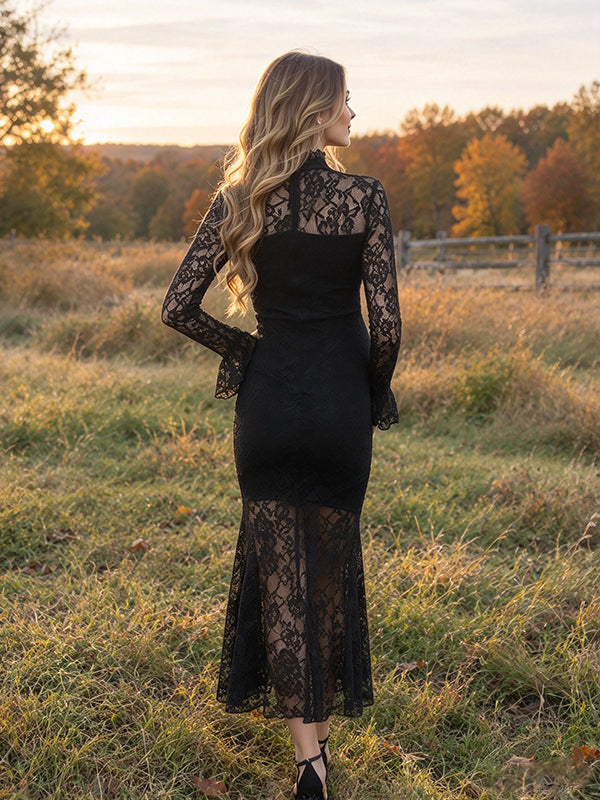 Black Lace Photoshoot Maternity Maxi Dress with Bell Sleeves and Fitted Trumpet Shape