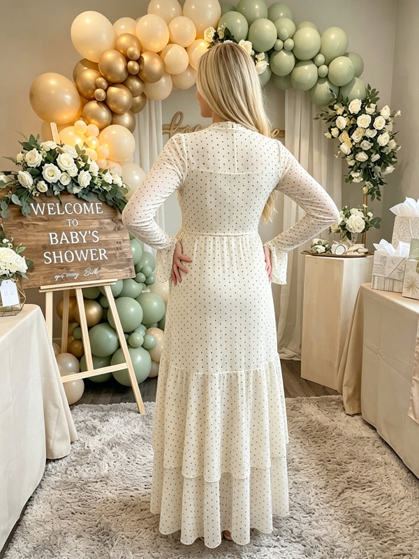 White Polka-Dot Maternity Dress with Flared Sleeves and Side Slits and Fitted Fit