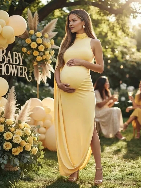Momyknows High Neck Side Slit Ribbon Bodycon Maternity Baby Shower Maxi Dress