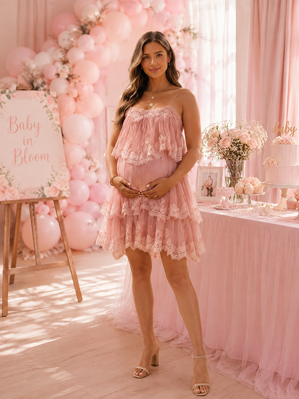 Momyknows Chic Pink Layers Of Lace Irregular Tie Back Backless Spaghetti Strap Baby Shower Maternity Mini Dress