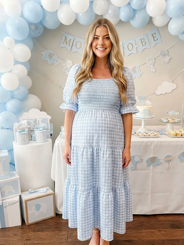 Blue Plaid Maternity Dress with Puff Sleeves and Ruffle Details and Adjustable Fit, Special Occasion.