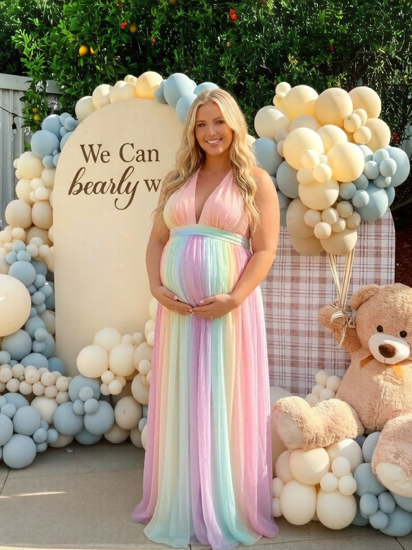Momyknows Pink Plunging Neckline Backless Grenadine Maternity Babyshower Maxi Dress