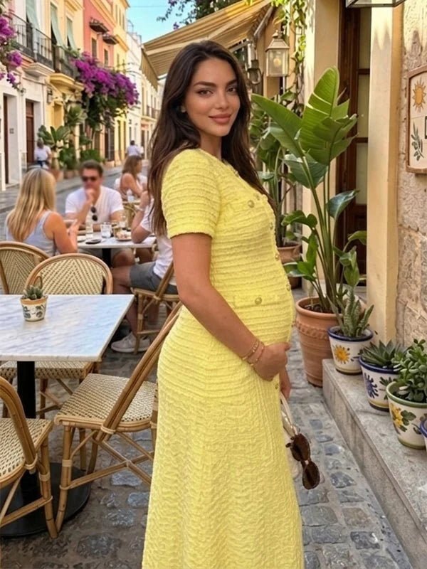 Momyknows Chic Daily Crochet Bodycon Mermaid Single Breasted Vacation Maternity Maxi Dress, Yellow / S