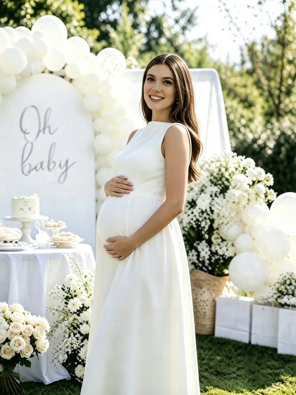 Momyknows White Backless A-Line Solid Color Maternity Baby Shower Midi Dress - White - 2