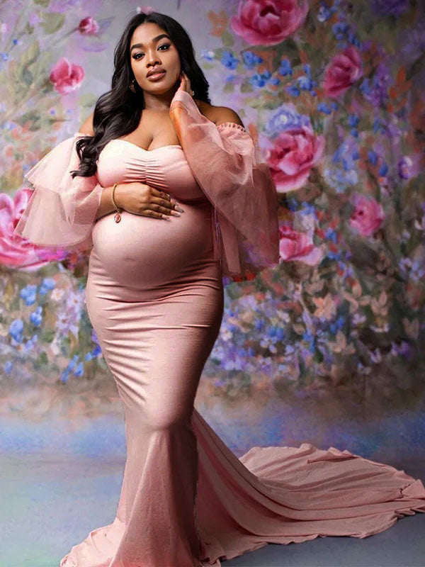 Momyknows Bandeau Cascading Ruffle Tulle Ruffle Sleeve Mermaid Bodycon Photoshoot Maternity Maxi Dress