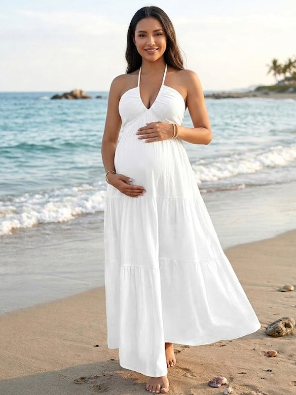 Momyknows V Neck Halter Neck Ruched Maternity Photoshoot Maxi Dress