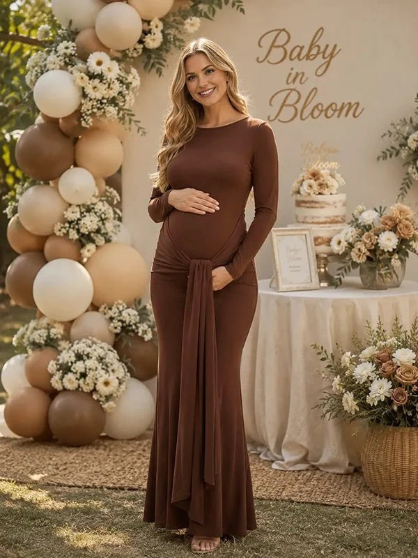 Momyknows Elegant Backless Lace Up Draped Hem Baby Shower Maternity Maxi Dress