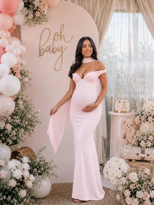 Momyknows Chic Pink Off Shoulder Bodycon Ruffle Sashes Baby Shower Maternity Maxi Dress