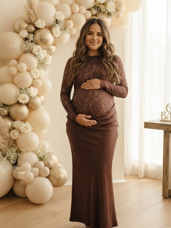 Momyknows Lace Splicing Trumpet Ruched Maternity Baby Shower Maxi Dress - Brown - 5